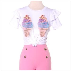 🆕Last 1 2 Scoops White Short Sleeve Ruffle Ice Cream Cone Boob Cropped T-shirt